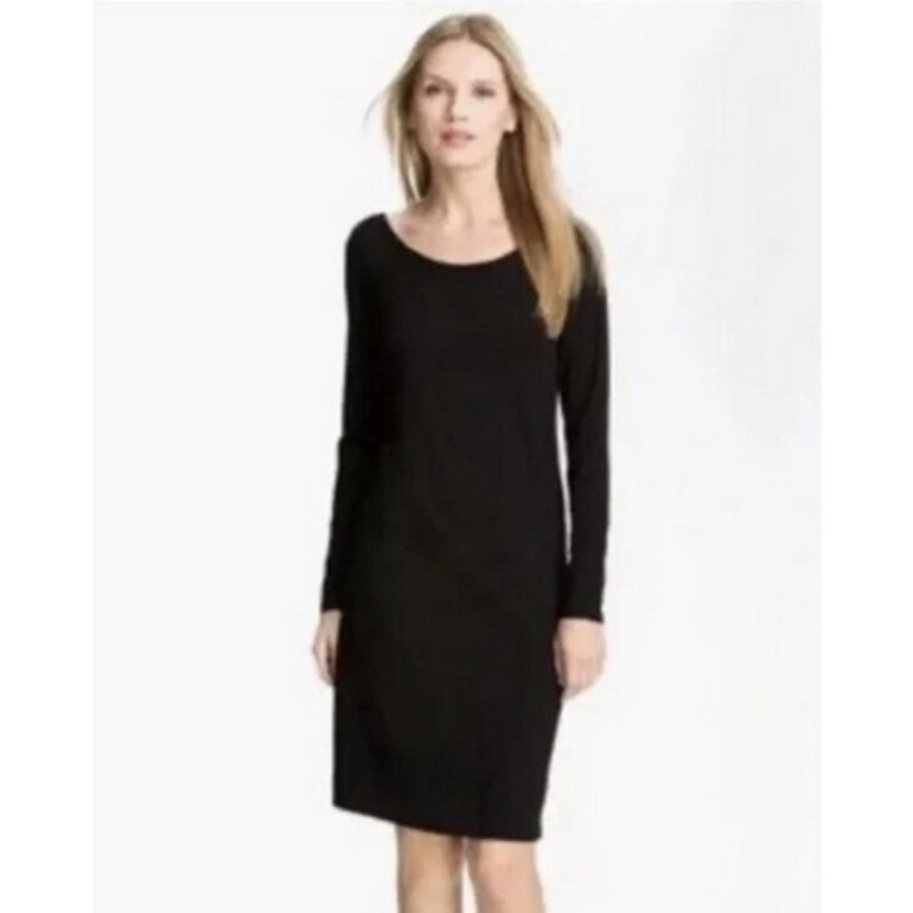 Eileen Fisher Shift Dress Black Ballet Neck Cut-Out Back Classic LBD  Si… - Picture 3 of 16